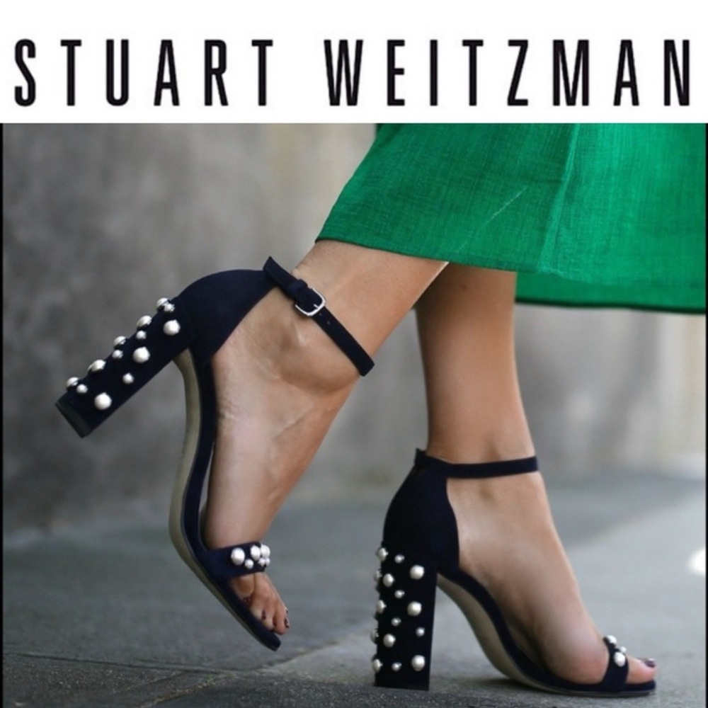 Stuart Weitzman Elegant Black Pearl-Embellished Heels - Picture 2 of 10